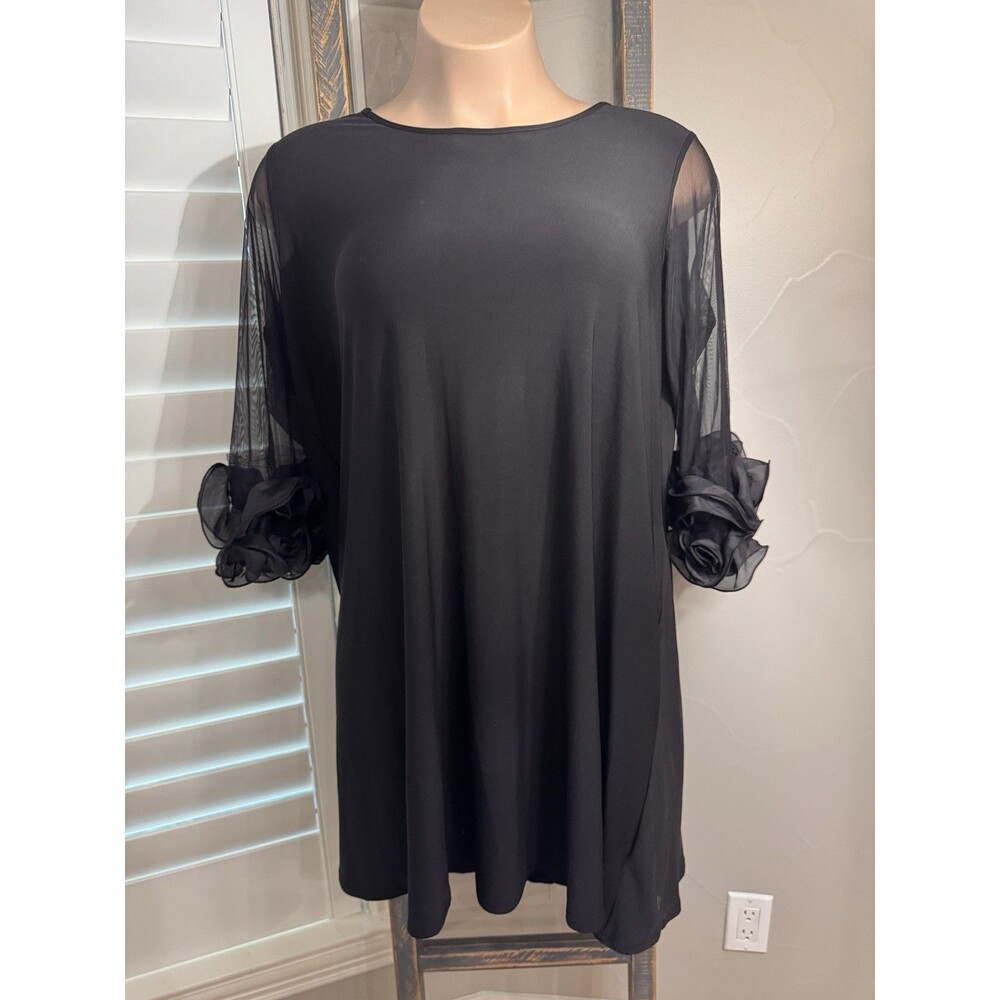 Nina Leonard Black Mesh Sleeve with Ruffle Cuff Dress Size 2X NWT